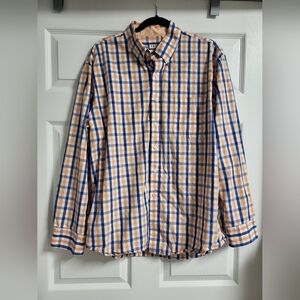 Izod-Men's Blue and Orange Checkered Button Up Shirt- Size XL